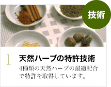 天然ハーブの特許技術:4種類の天然ハーブの最適配合で特許を取得しています。